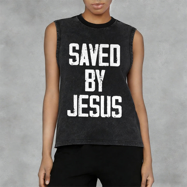 Christianartworkshop Saved By Jesus Unisex Washed Tank Top - image 12
