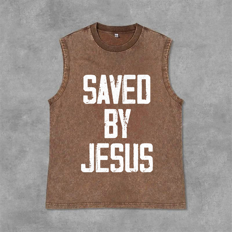 Christianartworkshop Saved By Jesus Unisex Washed Tank Top - Brown - 2XL - image 1