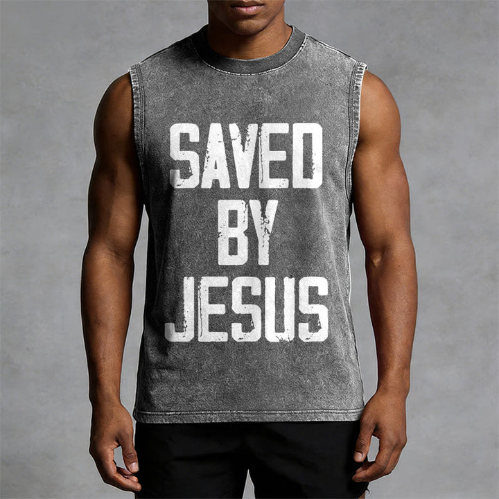 Christianartworkshop Saved By Jesus Unisex Washed Tank Top - image 5