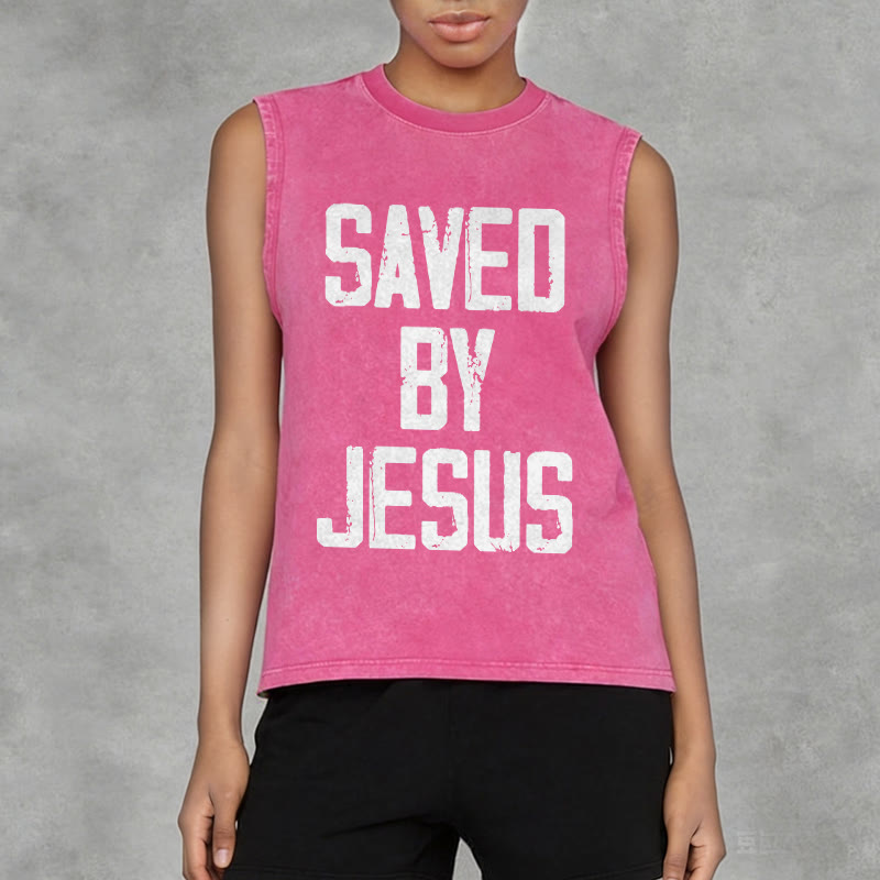Christianartworkshop Saved By Jesus Unisex Washed Tank Top - image 15