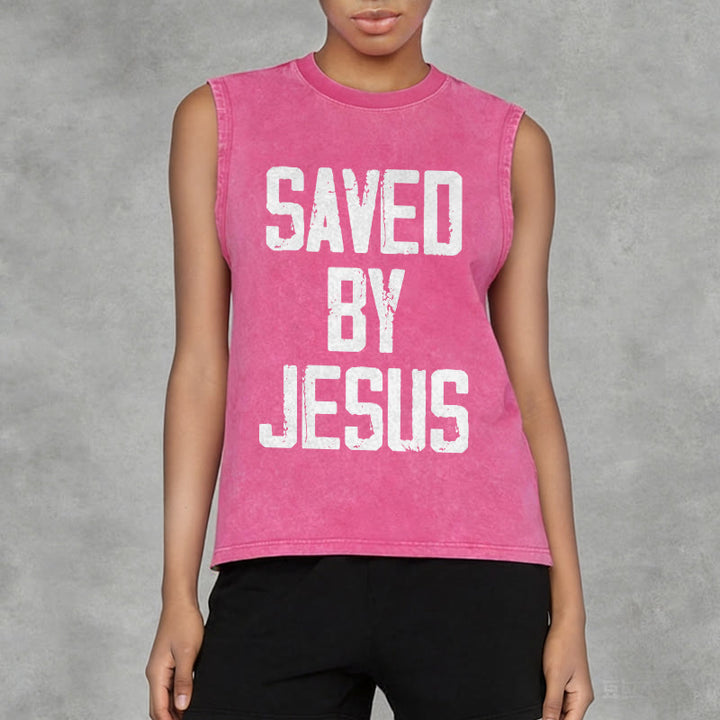 Christianartworkshop Saved By Jesus Unisex Washed Tank Top - image 15