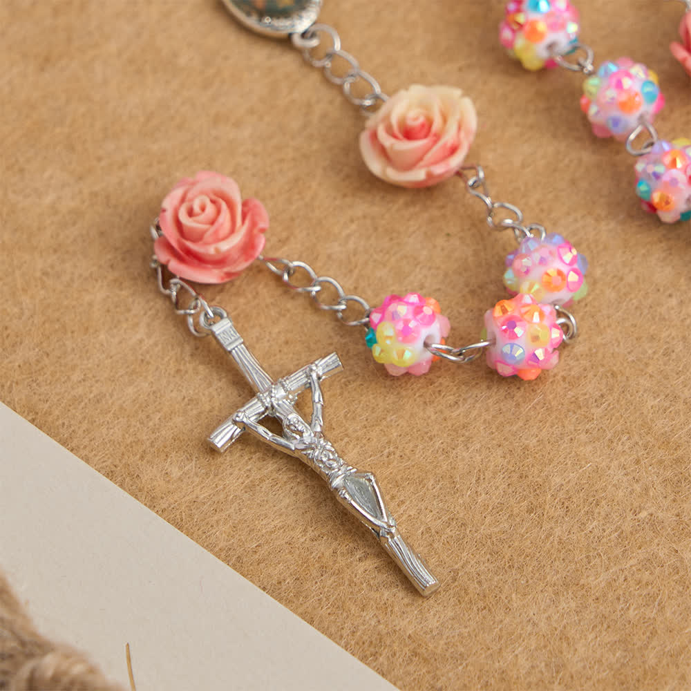 Christianartworkshop Easter Pink Rose & Sparkling Multicolor Diamond Beads Rosary with Divine Mercy - image 3
