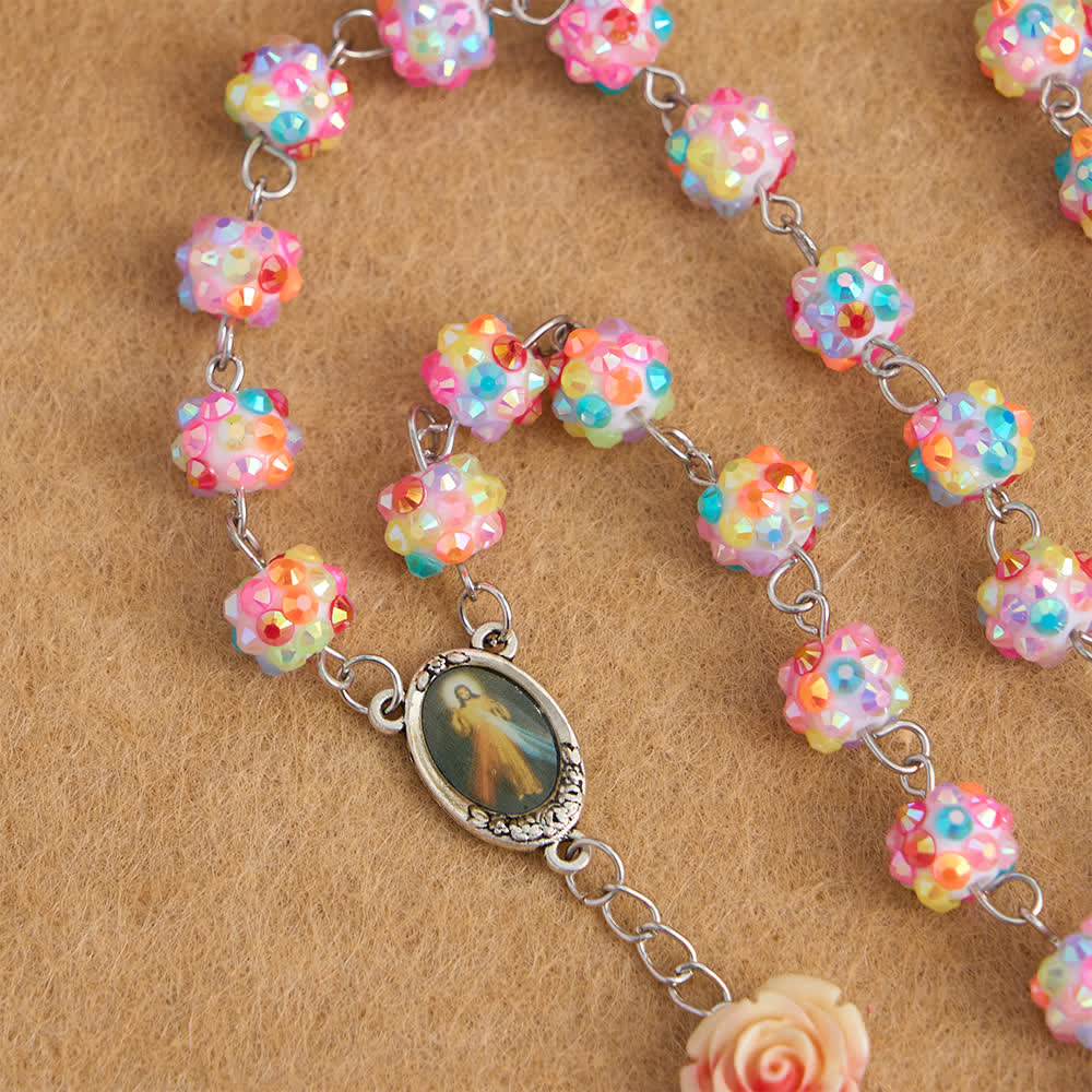 Christianartworkshop Easter Pink Rose & Sparkling Multicolor Diamond Beads Rosary with Divine Mercy - image 2