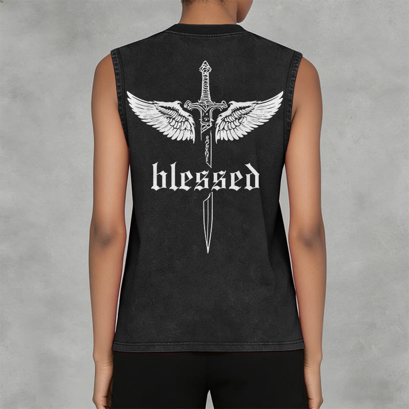Christianartworkshop Blessed Sword Wings Unisex Washed Tank Top - image 2