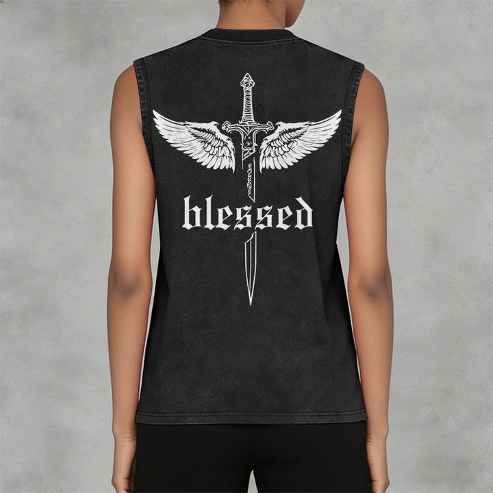 Christianartworkshop Blessed Sword Wings Unisex Washed Tank Top - image 2