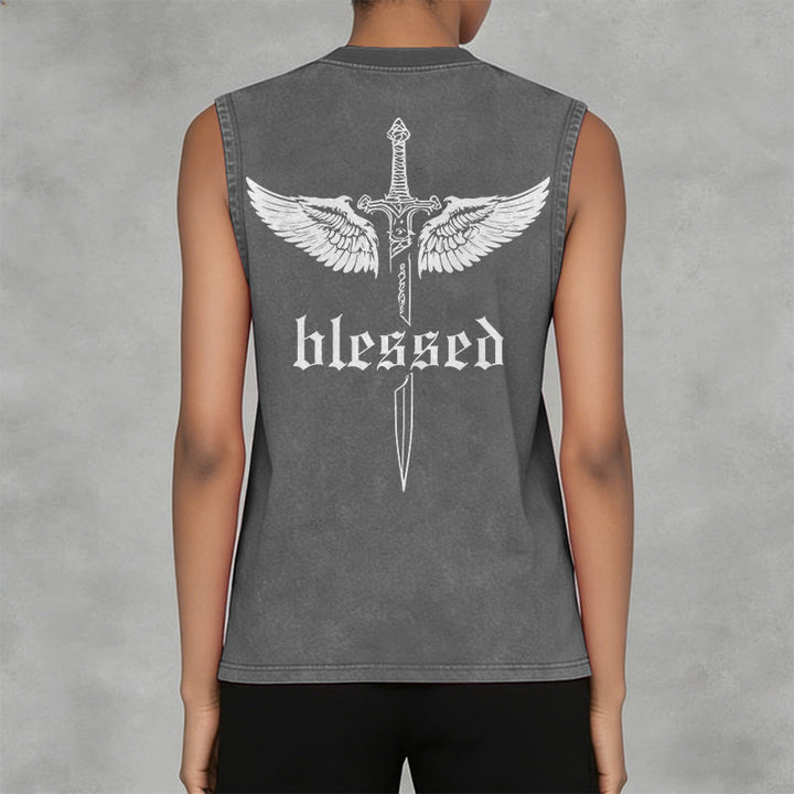 Christianartworkshop Blessed Sword Wings Unisex Washed Tank Top - image 11