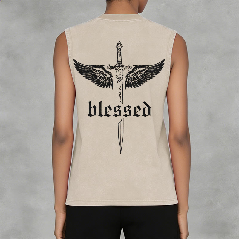 Christianartworkshop Blessed Sword Wings Unisex Washed Tank Top - image 5