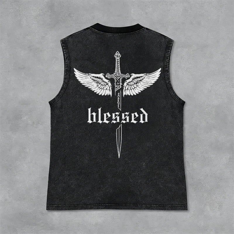 Christianartworkshop Blessed Sword Wings Unisex Washed Tank Top - Black - 2XL - image 0
