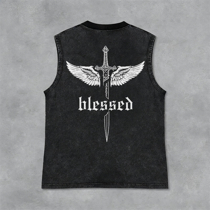 Christianartworkshop Blessed Sword Wings Unisex Washed Tank Top - Black - 2XL - image 0