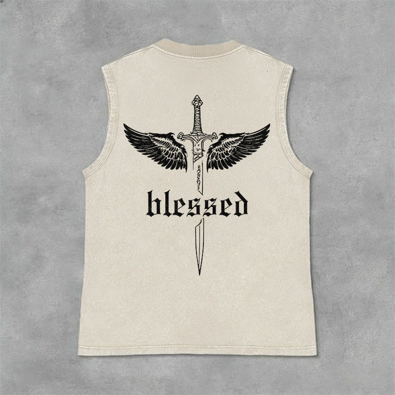 Christianartworkshop Blessed Sword Wings Unisex Washed Tank Top - Beige - 2XL - image 3