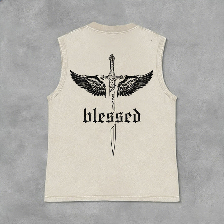 Christianartworkshop Blessed Sword Wings Unisex Washed Tank Top - Beige - 2XL - image 3
