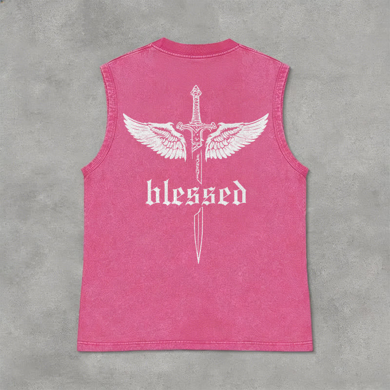 Christianartworkshop Blessed Sword Wings Unisex Washed Tank Top - Pink - 2XL - image 12