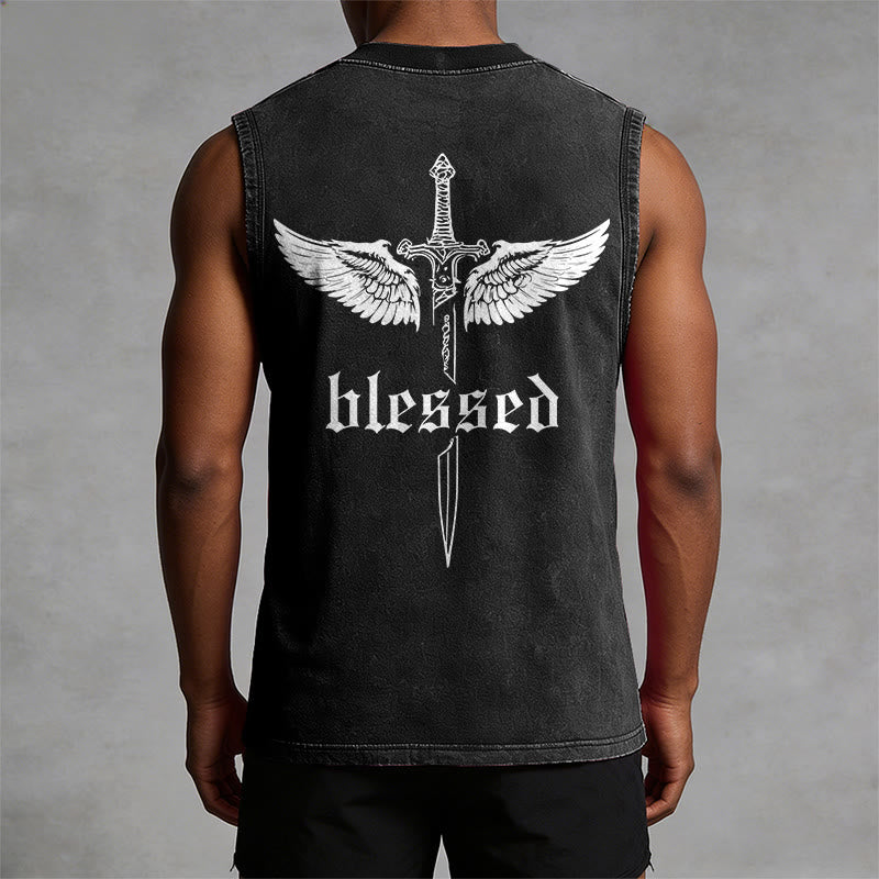 Christianartworkshop Blessed Sword Wings Unisex Washed Tank Top - image 1