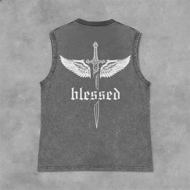 Christianartworkshop Blessed Sword Wings Unisex Washed Tank Top - Grey - 2XL - image 9