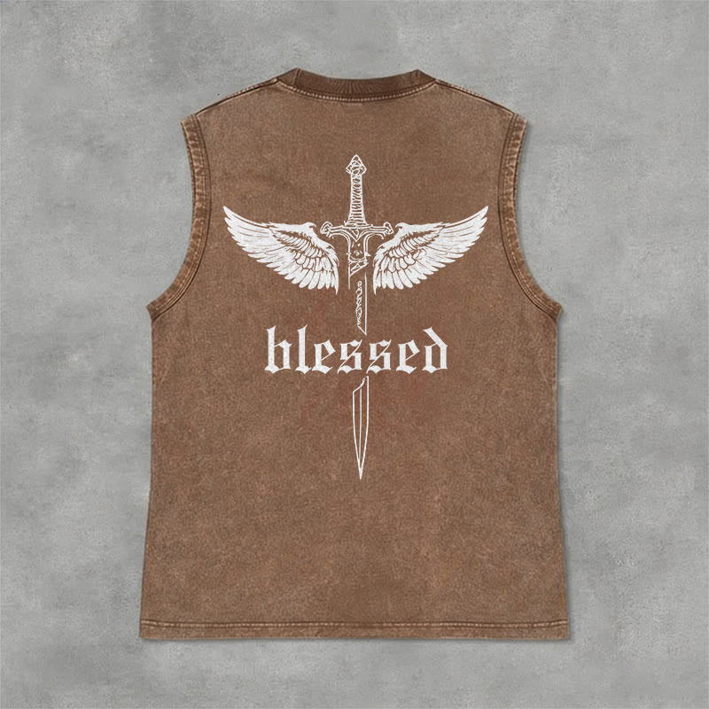 Christianartworkshop Blessed Sword Wings Unisex Washed Tank Top - Brown - 2XL - image 6