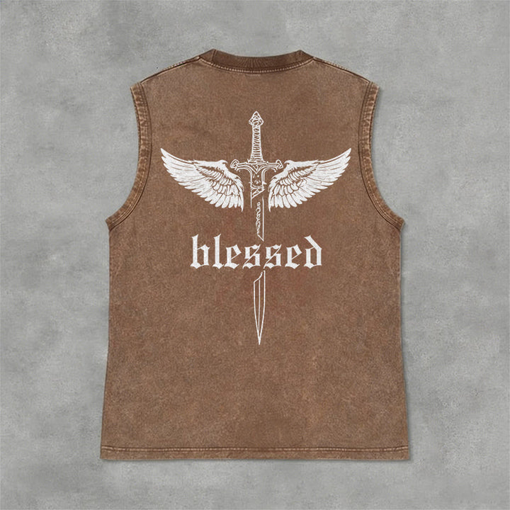 Christianartworkshop Blessed Sword Wings Unisex Washed Tank Top - Brown - 2XL - image 6