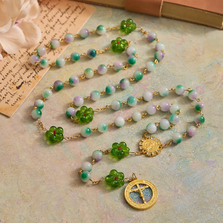 Christianartworkshop Violet Chalcedony Beads with Green Flower St. Benedict Rosary with Sparkling Crucifix - St. Benedict & Crucifix - image 0