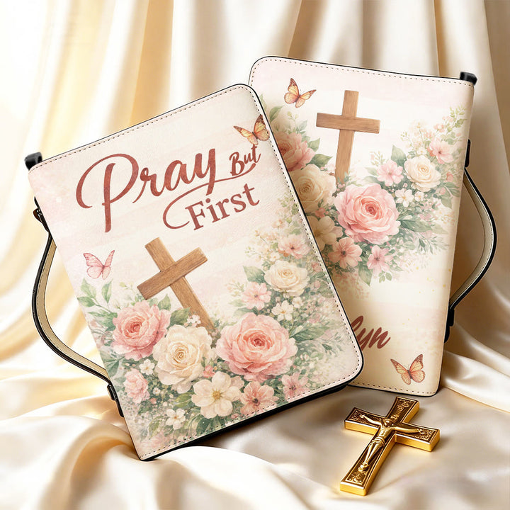 Christianartworkshop "Pray But First" Soft Floral Cross Zippered Bible Cover - image 8