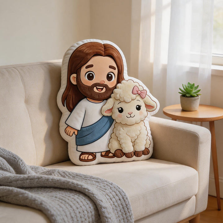Christianartworkshop Adorable Cartoon Jesus and Lamb Plush Throw Pillow: Gentle Faithful Accent - image 3