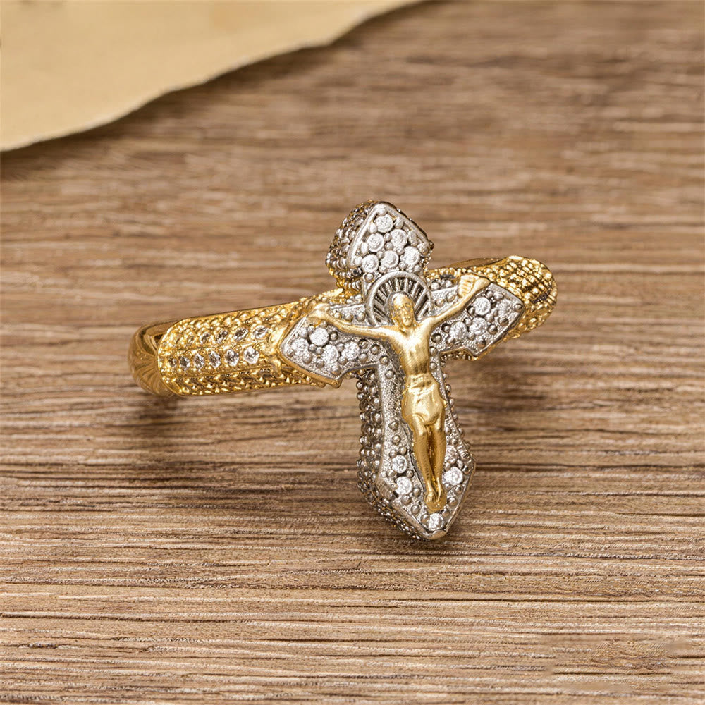 Christianartworkshop Two-Tone Zircon Pavé Crucifix Statement Ring: A Symbol of Timeless Redemptive Love - image 2