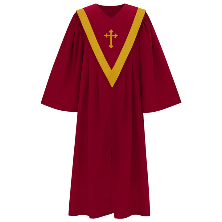 Christianartworkshop Traditional Burgundy Clergy Robe with Gold Cross & V Neck Trim - image 1
