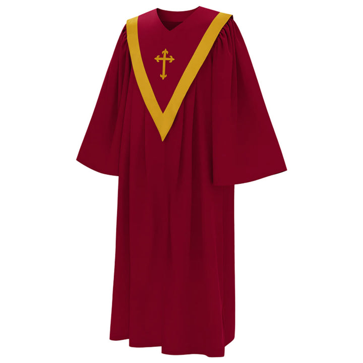 Christianartworkshop Traditional Burgundy Clergy Robe with Gold Cross & V Neck Trim - image 2