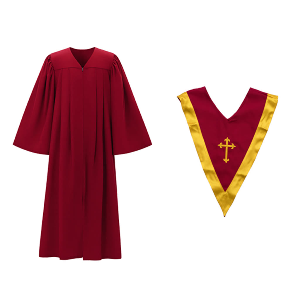 Christianartworkshop Traditional Burgundy Clergy Robe with Gold Cross & V Neck Trim - image 17