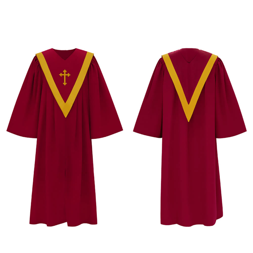 Christianartworkshop Traditional Burgundy Clergy Robe with Gold Cross & V Neck Trim - image 16