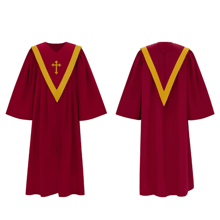 Christianartworkshop Traditional Burgundy Clergy Robe with Gold Cross & V Neck Trim - image 16