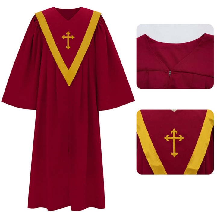 Christianartworkshop Traditional Burgundy Clergy Robe with Gold Cross & V Neck Trim - Red - 2XL - image 4