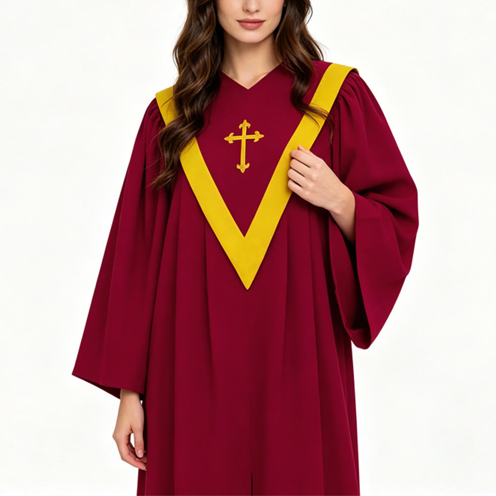 Christianartworkshop Traditional Burgundy Clergy Robe with Gold Cross & V Neck Trim - image 14