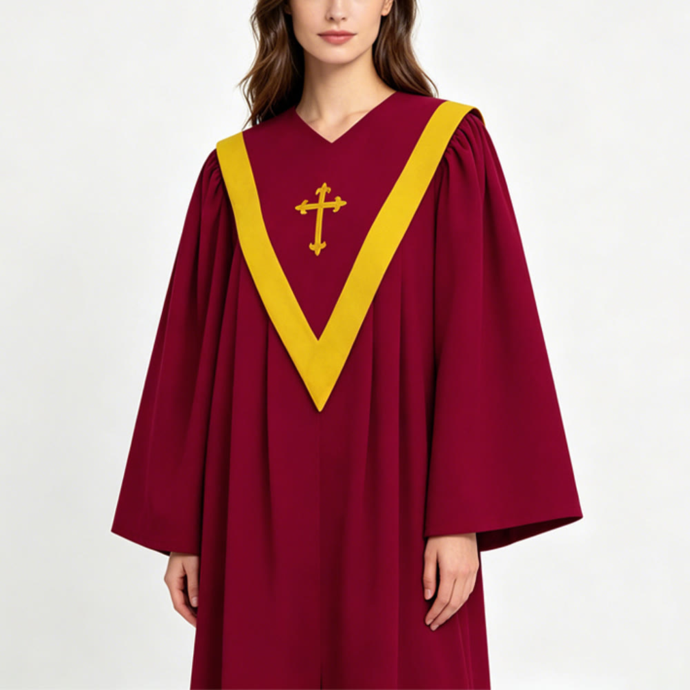 Christianartworkshop Traditional Burgundy Clergy Robe with Gold Cross & V Neck Trim - image 13