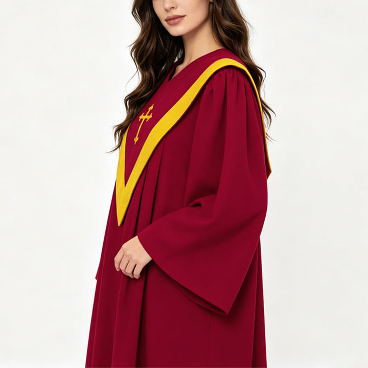 Christianartworkshop Traditional Burgundy Clergy Robe with Gold Cross & V Neck Trim - image 15