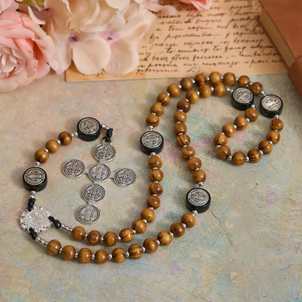 Christianartworkshop Natural Olivewood Rosary with St. Benedict Spacers and Oversized Filigree Cross - image 3