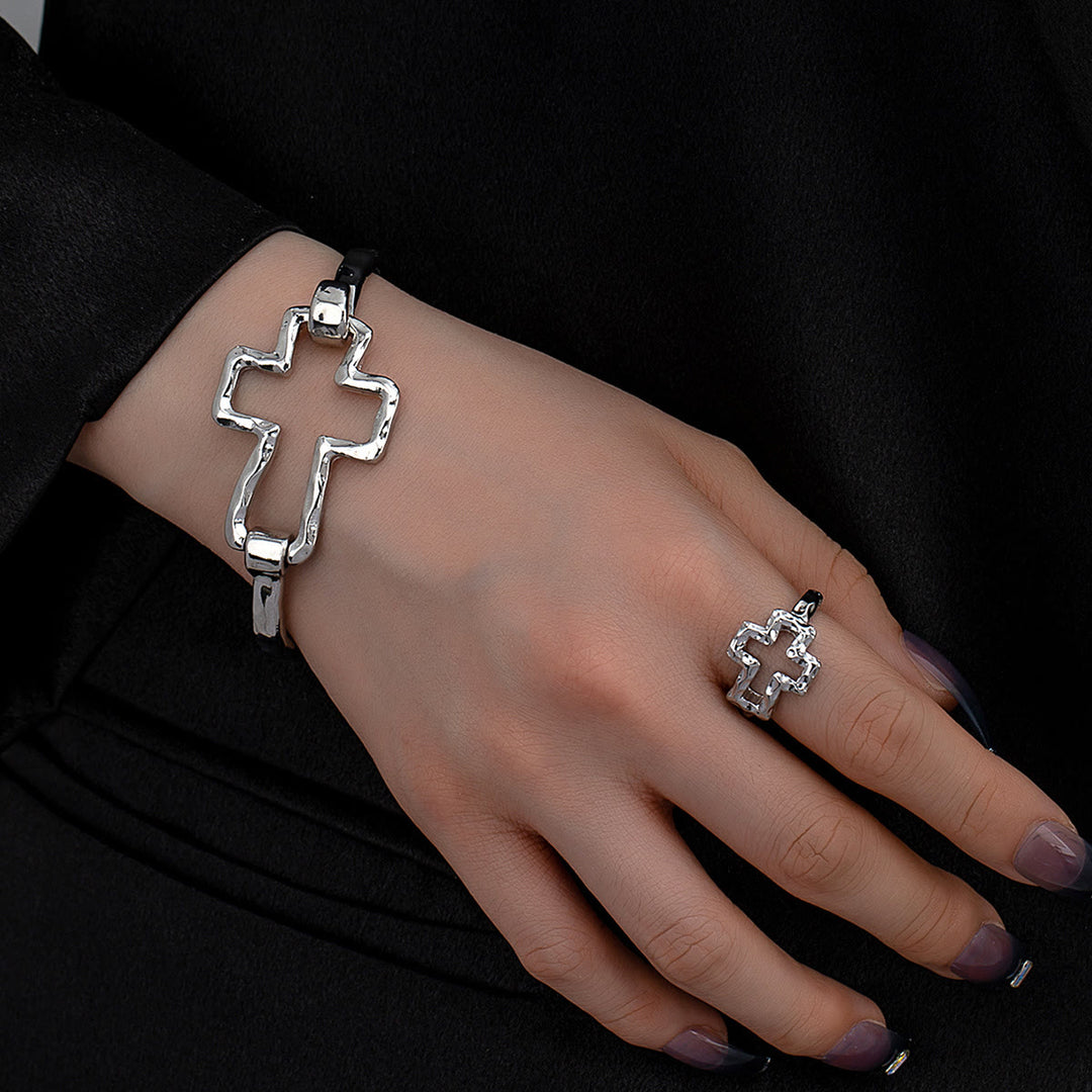Christianartworkshop Hammered Cross Bangle & Ring Set: A Symbol of Faith and Refined Simplicity - Silver Set - image 6