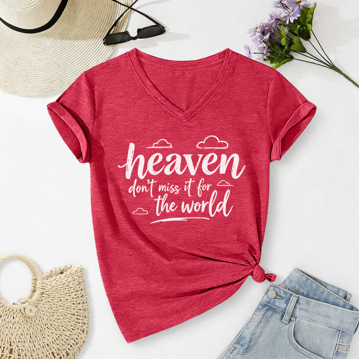 Christianartworkshop Heaven Don't Miss It For The World Inspirational Cloud Print Casual V-neck T-shirt - Red - 2XL - image 22