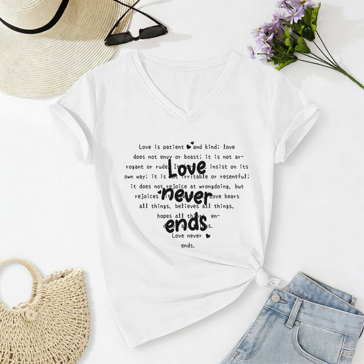 Christianartworkshop Love Never Ends Bible Verse Casual V-neck T-shirt - White - 2XL - image 6