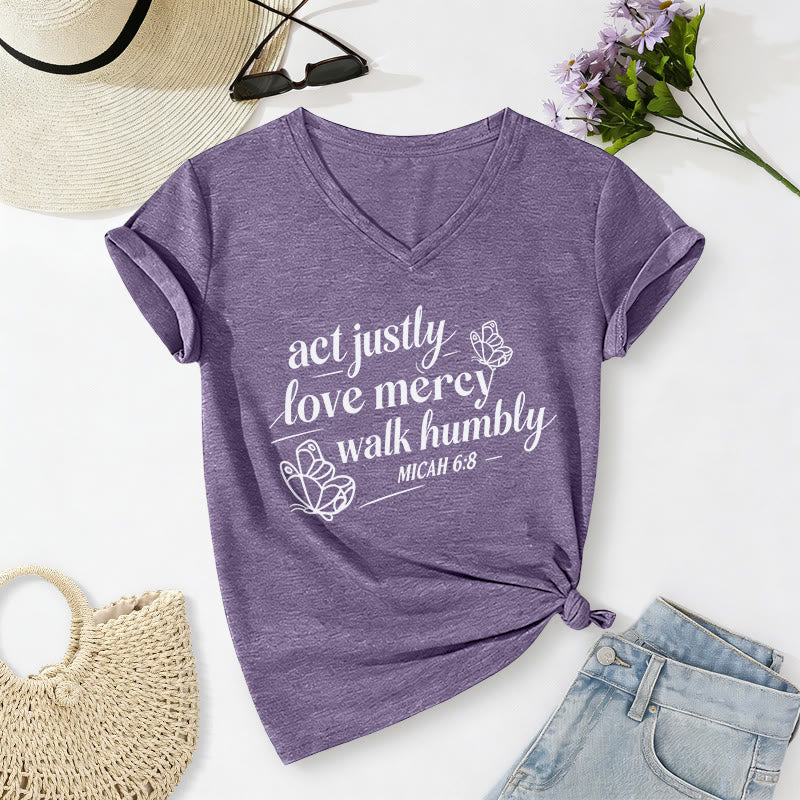 Christianartworkshop Act Justly Love Mercy Walk Humbly Micah 6:8 Butterfly Print Casual V-neck T-shirt - Purple - 2XL - image 16