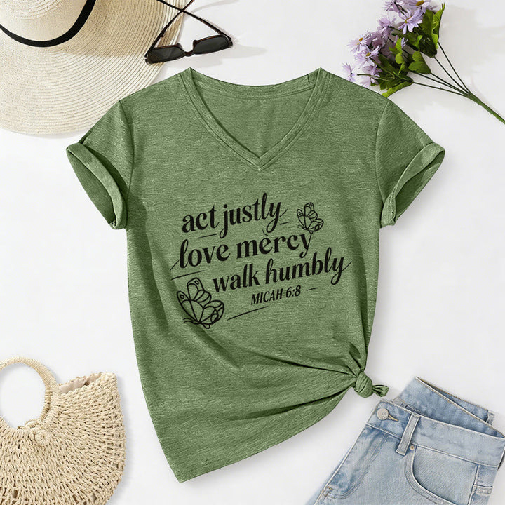 Christianartworkshop Act Justly Love Mercy Walk Humbly Micah 6:8 Butterfly Print Casual V-neck T-shirt - Olive Green - 2XL - image 6