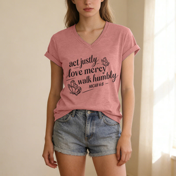 Christianartworkshop Act Justly Love Mercy Walk Humbly Micah 6:8 Butterfly Print Casual V-neck T-shirt - image 11