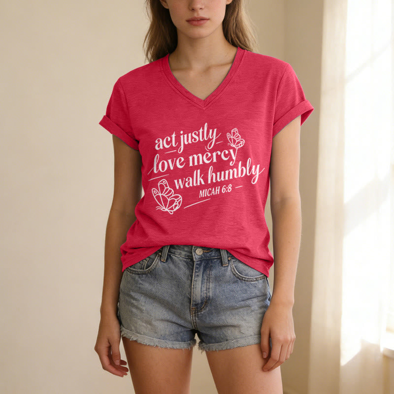 Christianartworkshop Act Justly Love Mercy Walk Humbly Micah 6:8 Butterfly Print Casual V-neck T-shirt - image 23