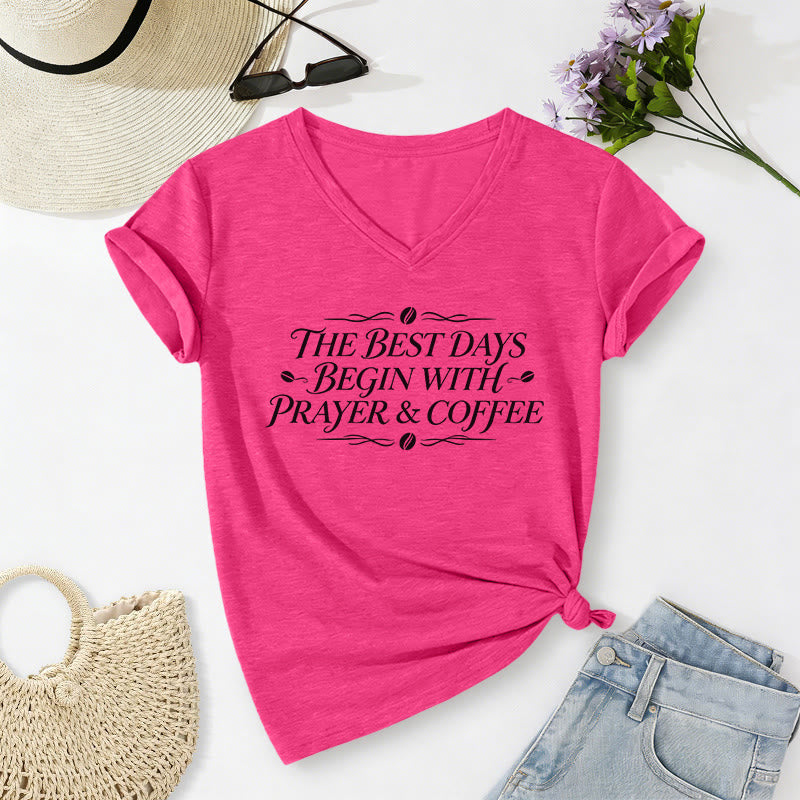 Christianartworkshop The Best Days Begin With Prayer & Coffee Casual V-neck T-shirt - Rose - 2XL - image 24