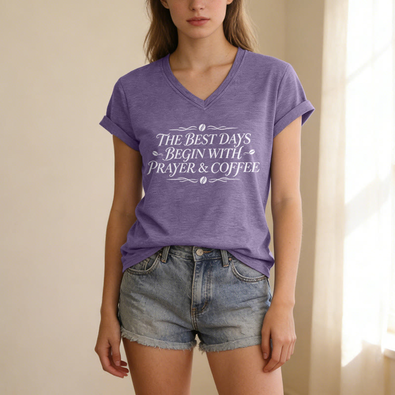 Christianartworkshop The Best Days Begin With Prayer & Coffee Casual V-neck T-shirt - image 3