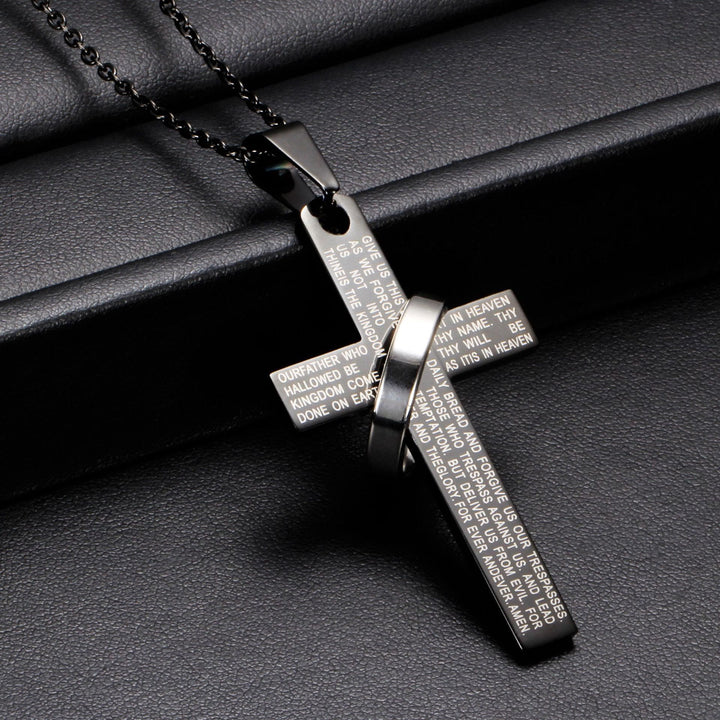 Christianartworkshop Lord’s Prayer Engraved Cross Pendant Necklace with Spinning Ring - Black - image 0