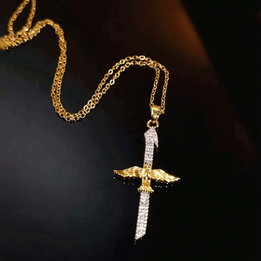 Christianartworkshop Sparkling Zircon Sword Cross Necklace with Dove Wings: A Reminder of Divine Protection - image 1