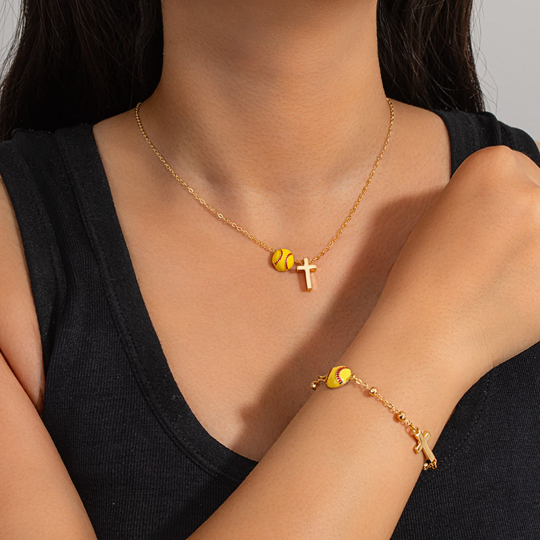 Christianartworkshop Sport Ball & Cross Jewelry Set (Necklace + Bracelet) with Card: A Symbol of Faith and Athletic Passion - Golden Baseball A - image 24