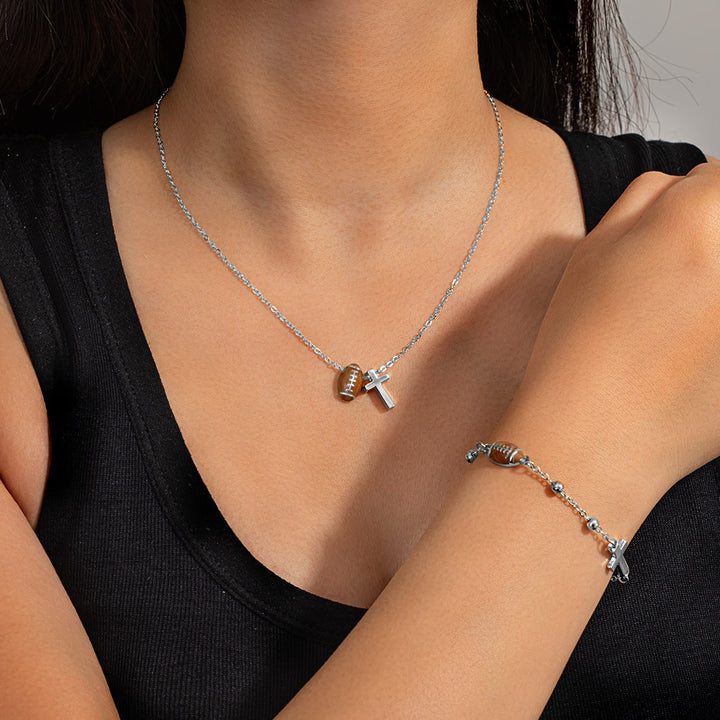Christianartworkshop Sport Ball & Cross Jewelry Set (Necklace + Bracelet) with Card: A Symbol of Faith and Athletic Passion - Silver Rugby A - image 16