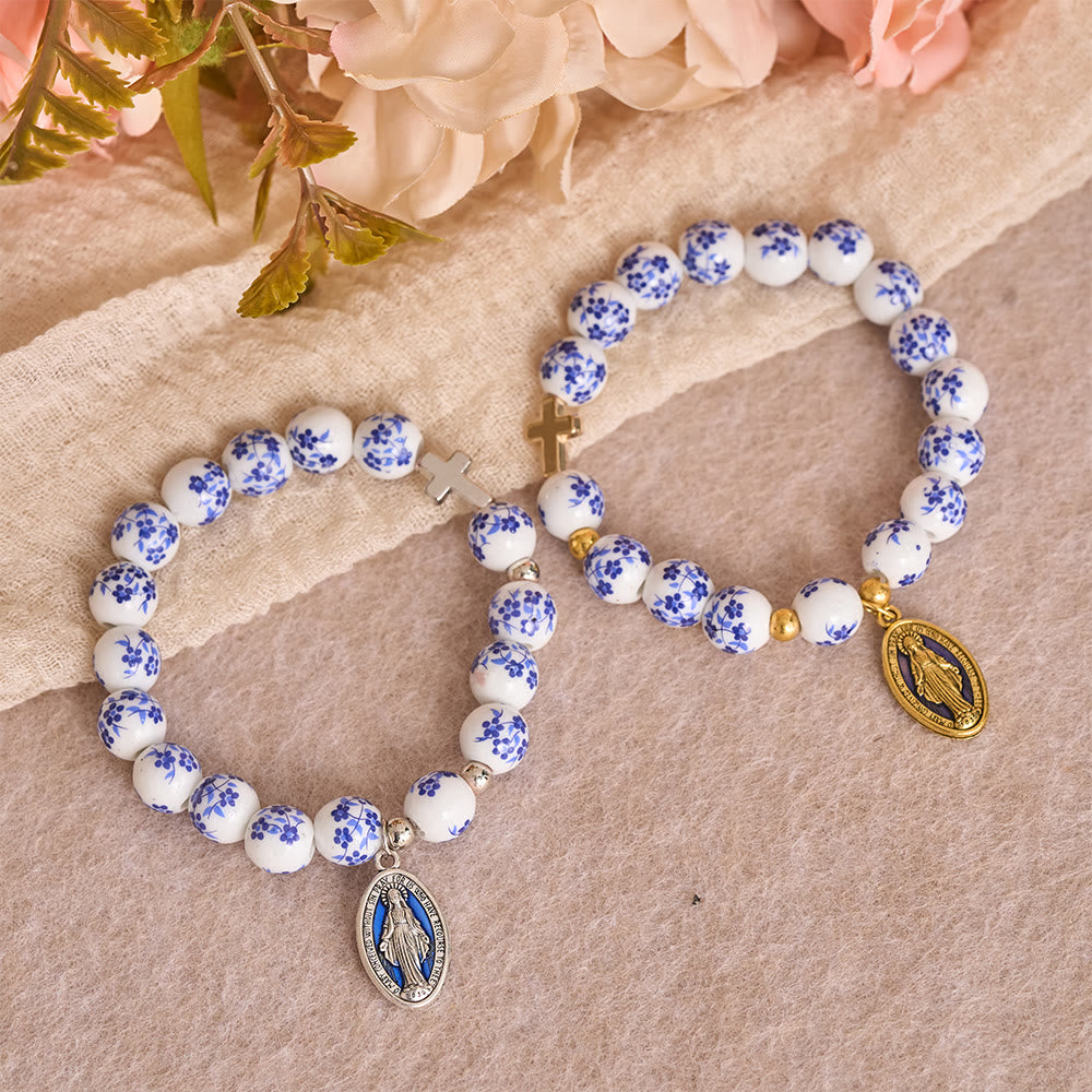 Christianartworkshop Vintage-Style Floral Ceramic Bead Bracelet with Cross & Mary Medal: A Reminder of Divine Grace - image 1