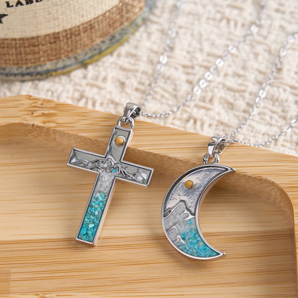 Christianartworkshop Mustard Seed Crescent Moon & Cross Necklace: Turquoise Inlay & Silver-Tone Design - image 0
