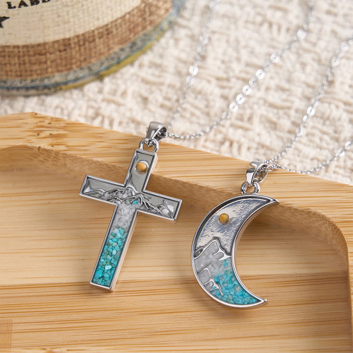 Christianartworkshop Mustard Seed Crescent Moon & Cross Necklace: Turquoise Inlay & Silver-Tone Design - image 0